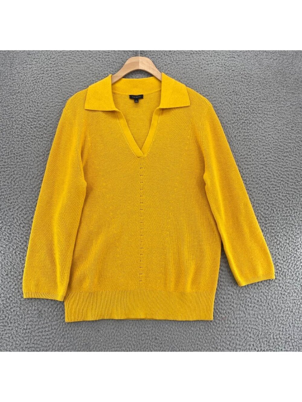 Talbots Sweater Womens Large Yellow Collared V Neck Stretch Knit Pullover Casual